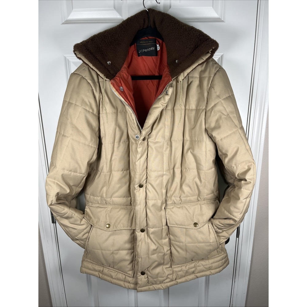 Vintage‎ JCPenny Parka Coat Khaki Color Puffer Design 70s Era Hood Men's LL